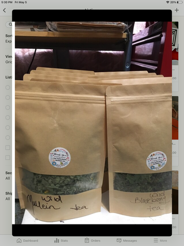 Wild Mullein naturally grown tea and yarrow to horsetail etc.  seasonal